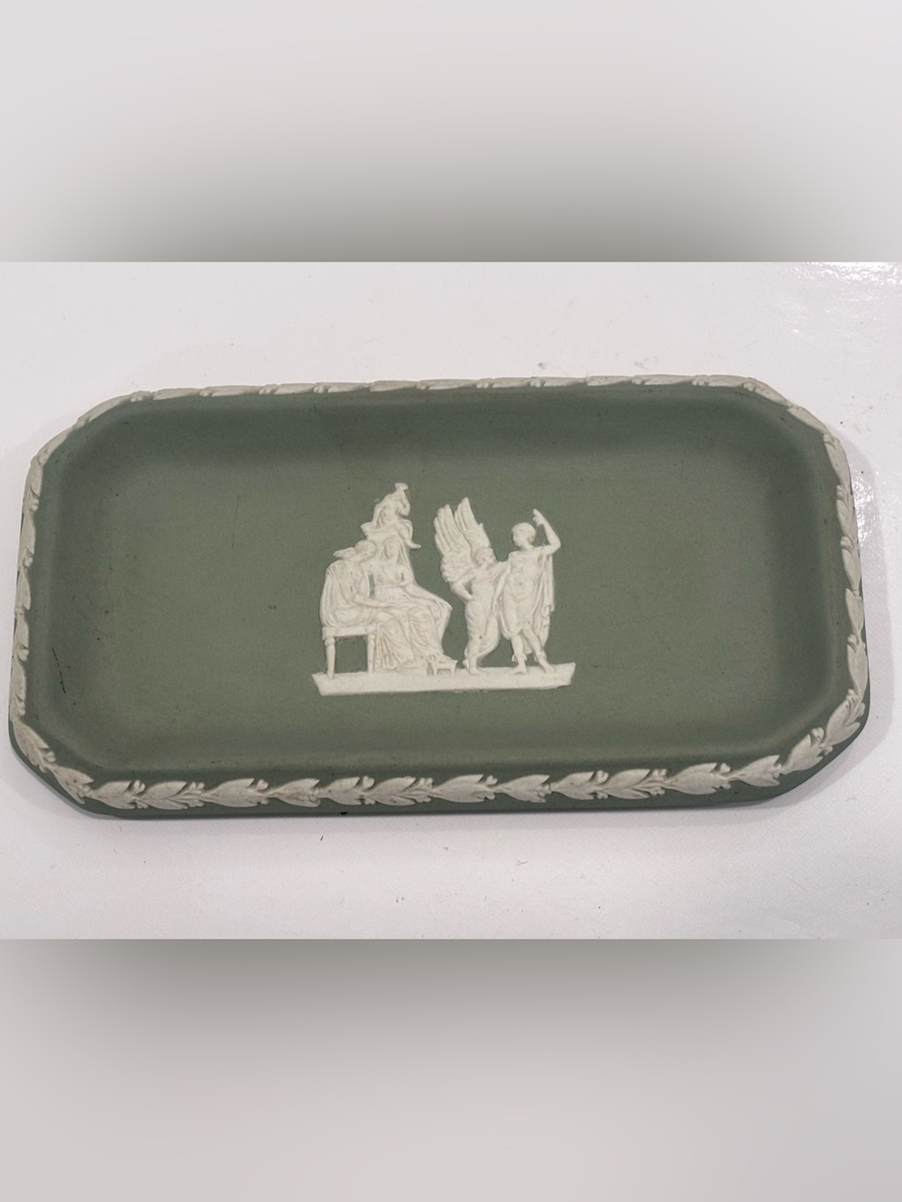 Green Jasperware Trinket Dish with White Relief Wedgwood